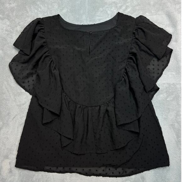 THML Charlotte Black Swiss Dot Embroidered Floral Ruffle Blouse Boho Medium - Picture 3 of 10